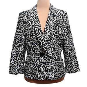 Kasper Womens 12 Black White Giraffe Animal Print Satin Blazer Statement Jacket